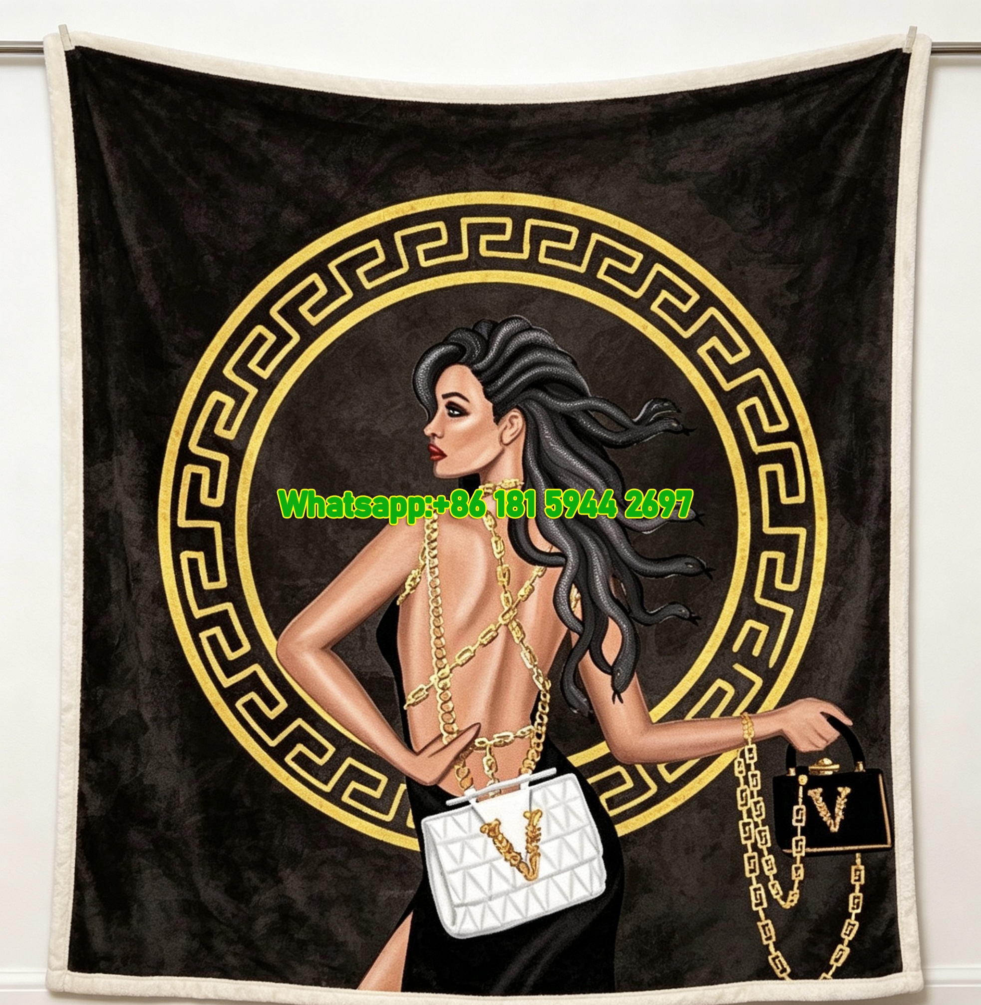 Versace Dark Brown And Gold Medusa Greek Key Fashion Illustration Print Flannel Throw Blanket Luxury Sofa Cover Blanket IMG_1669